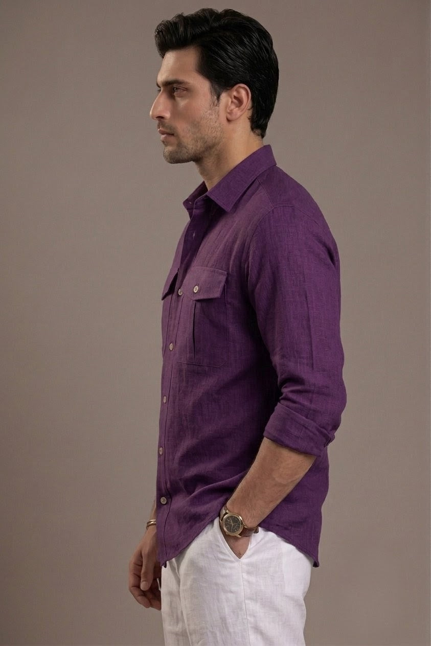 RARE RASU Premium Luxe Linen Shirt With Two Front Utility-Style Pockets (Purple)