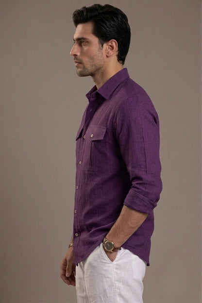 RARE RASU Premium Luxe Linen Shirt With Two Front Utility-Style Pockets (Purple)