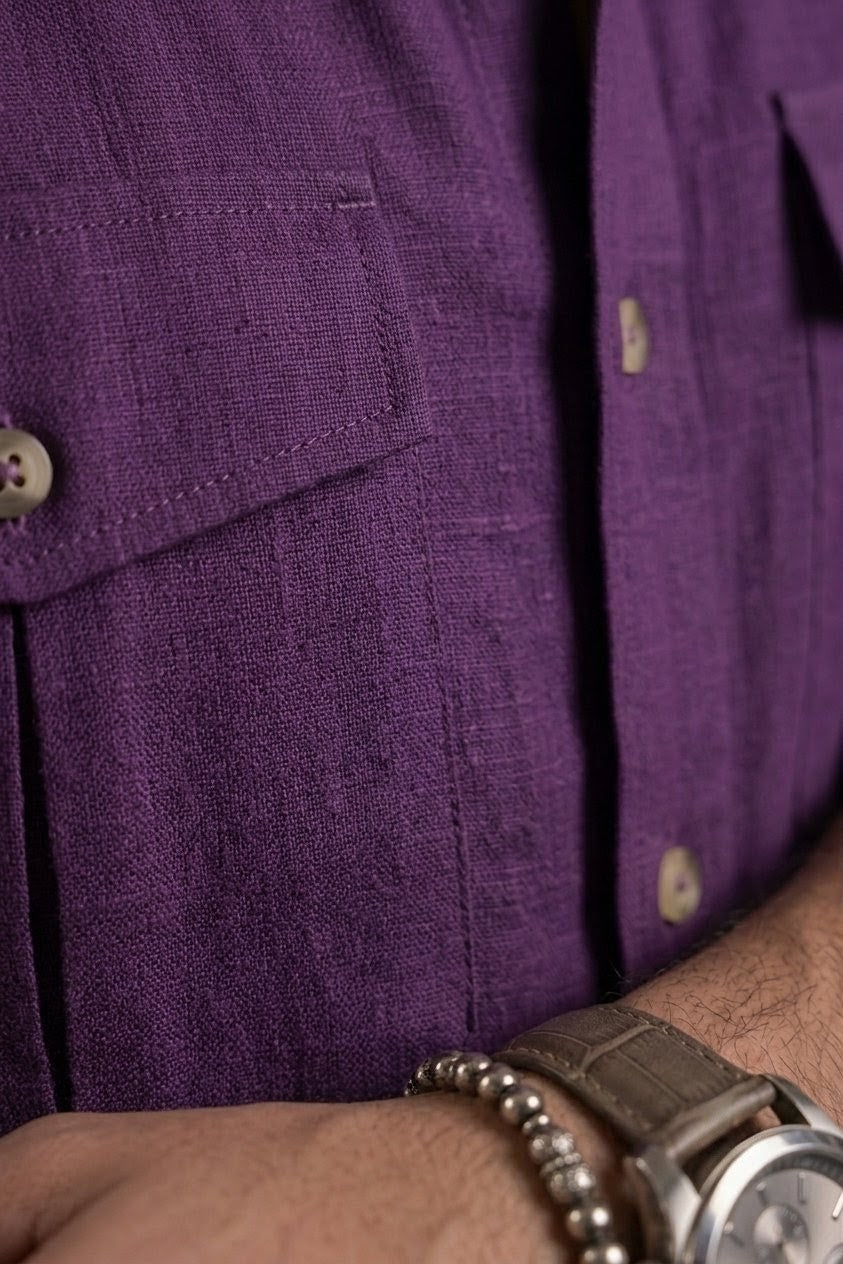 RARE RASU Premium Luxe Linen Shirt With Two Front Utility-Style Pockets (Purple)