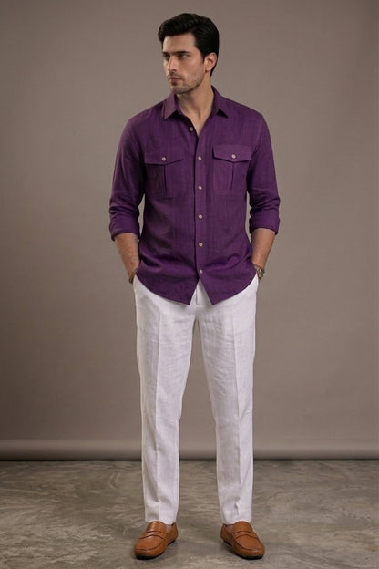 RARE RASU Premium Luxe Linen Shirt With Two Front Utility-Style Pockets (Purple)