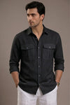 RARE RASU Premium Luxe Linen Shirt With Two Front Utility-Style Pockets (Black)