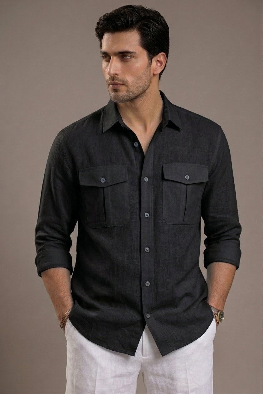 RARE RASU Premium Luxe Linen Shirt With Two Front Utility-Style Pockets (Black)