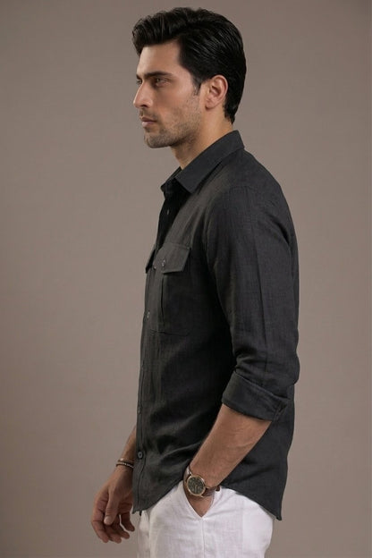 RARE RASU Premium Luxe Linen Shirt With Two Front Utility-Style Pockets (Black)