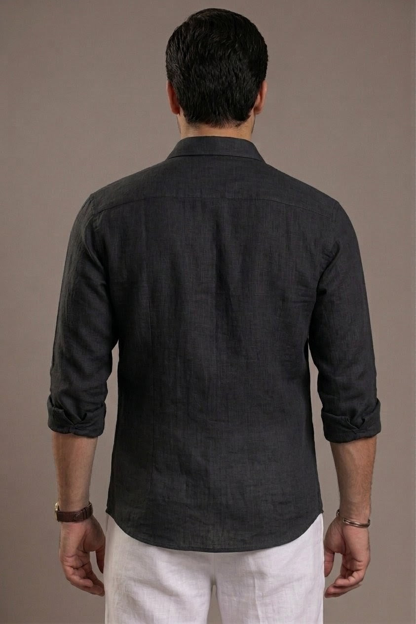 RARE RASU Premium Luxe Linen Shirt With Two Front Utility-Style Pockets (Black)
