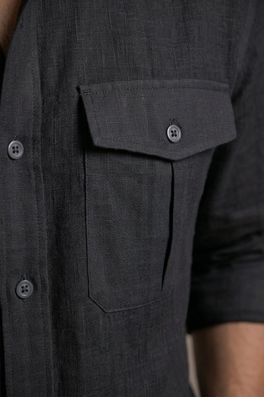 RARE RASU Premium Luxe Linen Shirt With Two Front Utility-Style Pockets (Black)