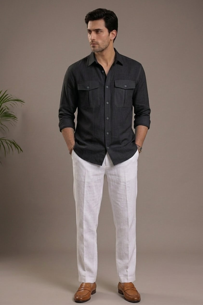 RARE RASU Premium Luxe Linen Shirt With Two Front Utility-Style Pockets (Black)