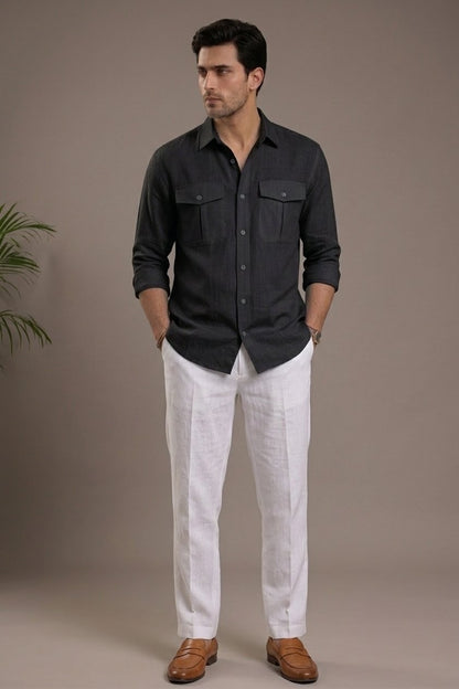 RARE RASU Premium Luxe Linen Shirt With Two Front Utility-Style Pockets (Black)