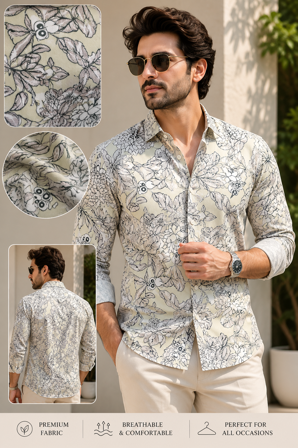 RARE RASU Men’s Premium Floral Botanical  Print Shirt – Pastel Sage Green Full Sleeve Casual Shirt