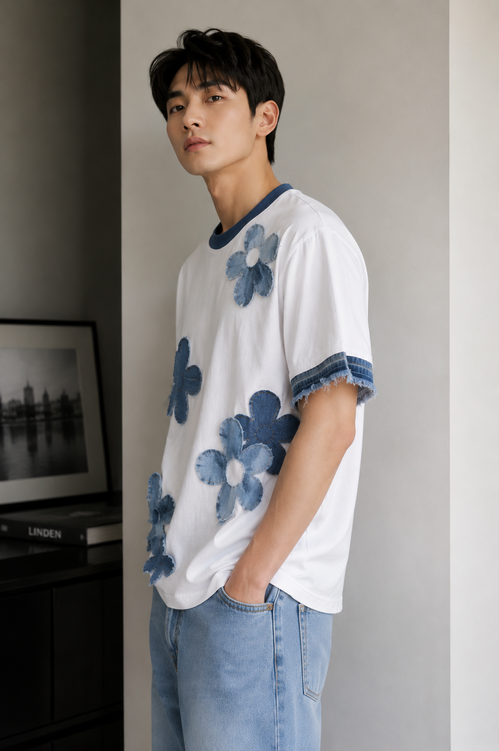 RARE RASU Premium Quality Cotton With Denim Bloom Patchwork T-shirt