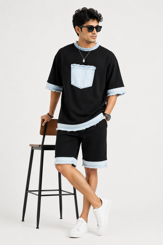 RARE RASU – Denim Edge Co-Ord Set | Premium Cotton & Denim Twin Set (Black)