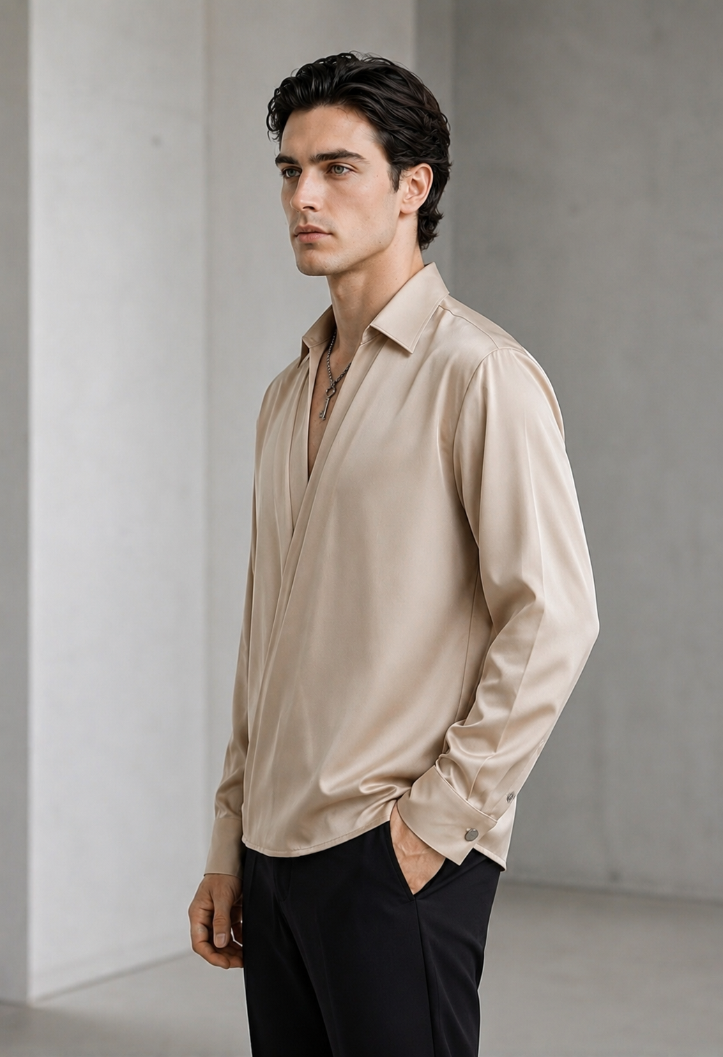 RARE RASU Men's Premium Satin Wrap-Front Shirt – Champagne Beige | Luxury Long Sleeve Statement Shirt