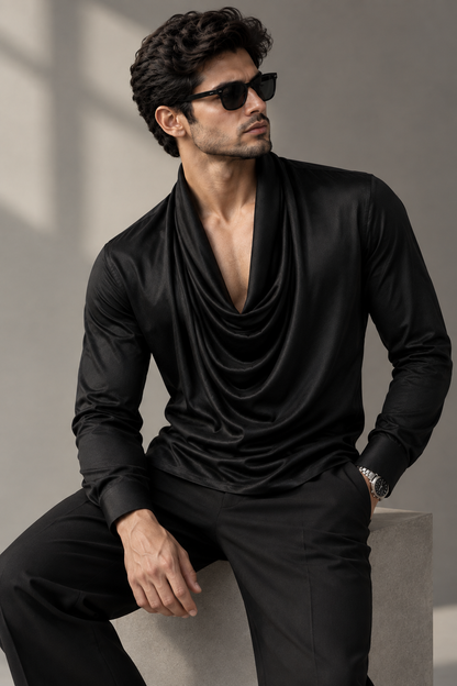 Men’s Premium Black Draped Cowl Neck Shirt | Full Self Designer Sleeve Luxury Shirt