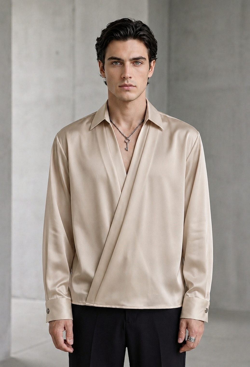 RARE RASU Men's Premium Satin Wrap-Front Shirt – Champagne Beige | Luxury Long Sleeve Statement Shirt