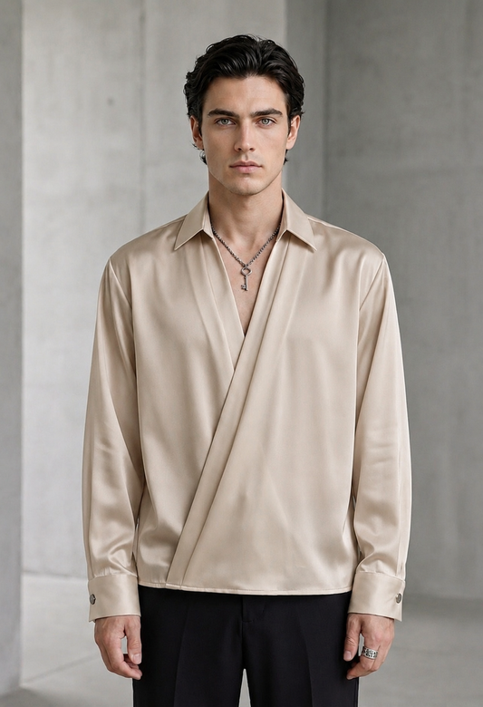 RARE RASU Men's Premium Satin Wrap-Front Shirt – Champagne Beige | Luxury Long Sleeve Statement Shirt