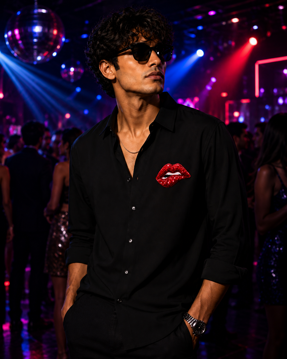 RARE RASU Men's Black Stylish Full Sleeve Shirt, Red Lips Embellishment Hand Embroidery work|Party wear Shirt