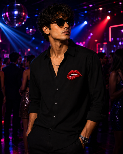RARE RASU Men's Black Stylish Full Sleeve Shirt, Red Lips Embellishment Hand Embroidery work|Party wear Shirt