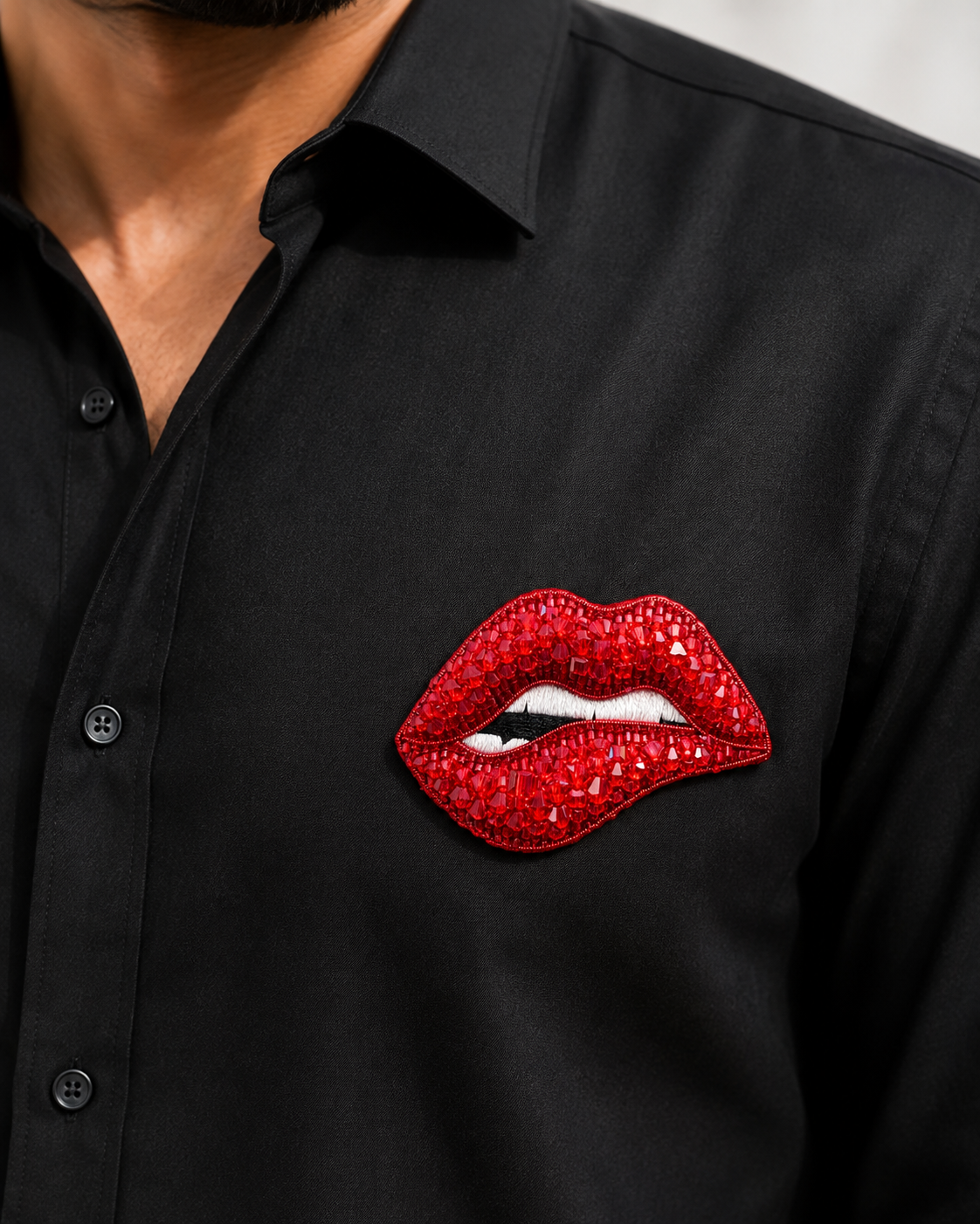 RARE RASU Men's Black Stylish Full Sleeve Shirt, Red Lips Embellishment Hand Embroidery work|Party wear Shirt