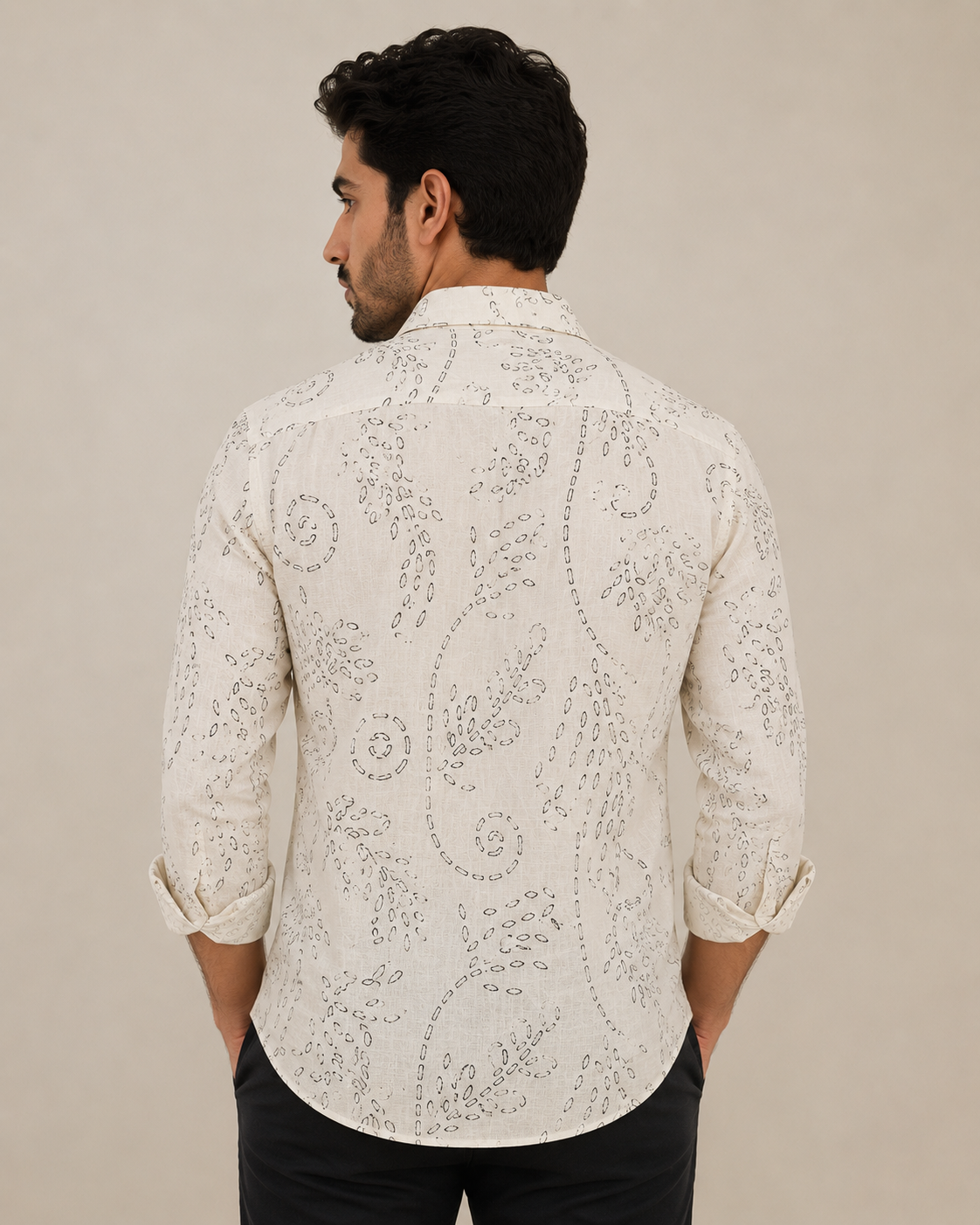 Men's Artisan Printed Premium Linen blend Long-Sleeve Casual Shirt