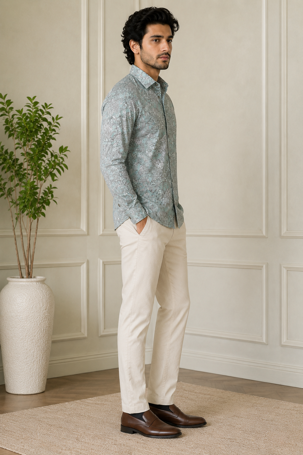 RARE RASU Men’s Premium Floral Botanical  Print Shirt – Pastel Sage Green Full Sleeve Casual Shirt