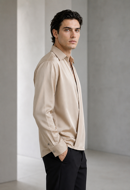 RARE RASU Men's Premium Satin Wrap-Front Shirt – Champagne Beige | Luxury Long Sleeve Statement Shirt