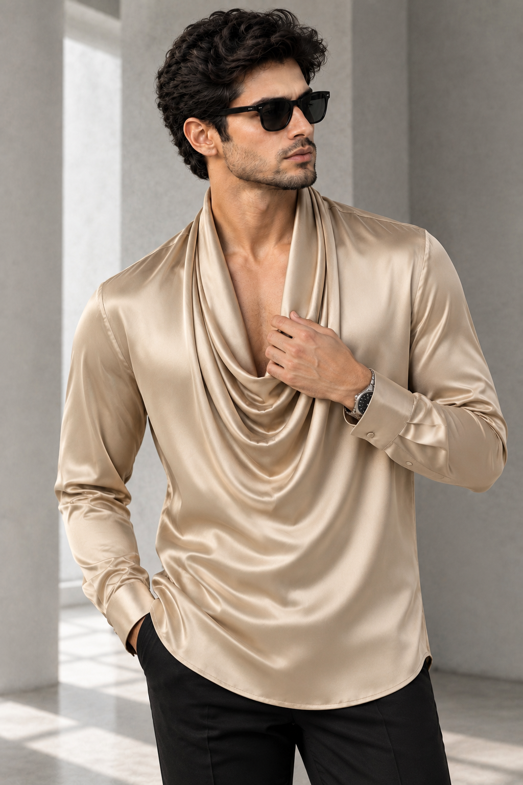 Men’s Premium Black Draped Cowl Neck Shirt | Full Self Designer Sleeve Luxury Shirt
