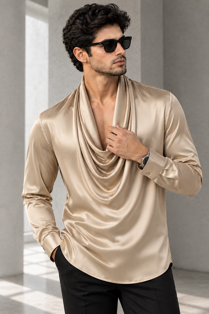 Men’s Premium Black Draped Cowl Neck Shirt | Full Self Designer Sleeve Luxury Shirt