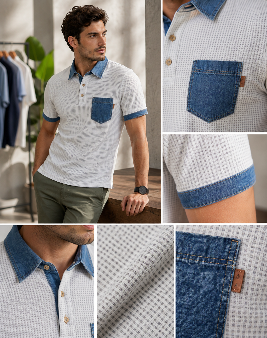 RARE RASU Premium Contrast Denim Trim Waffle Knit Collar T-Shirt