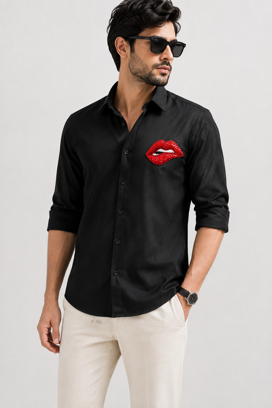 RARE RASU Men's Black Stylish Full Sleeve Shirt, Red Lips Embellishment Hand Embroidery work|Party wear Shirt