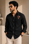 Midnight Bloom – Hand Embroidered Premium Linen Black Shirt