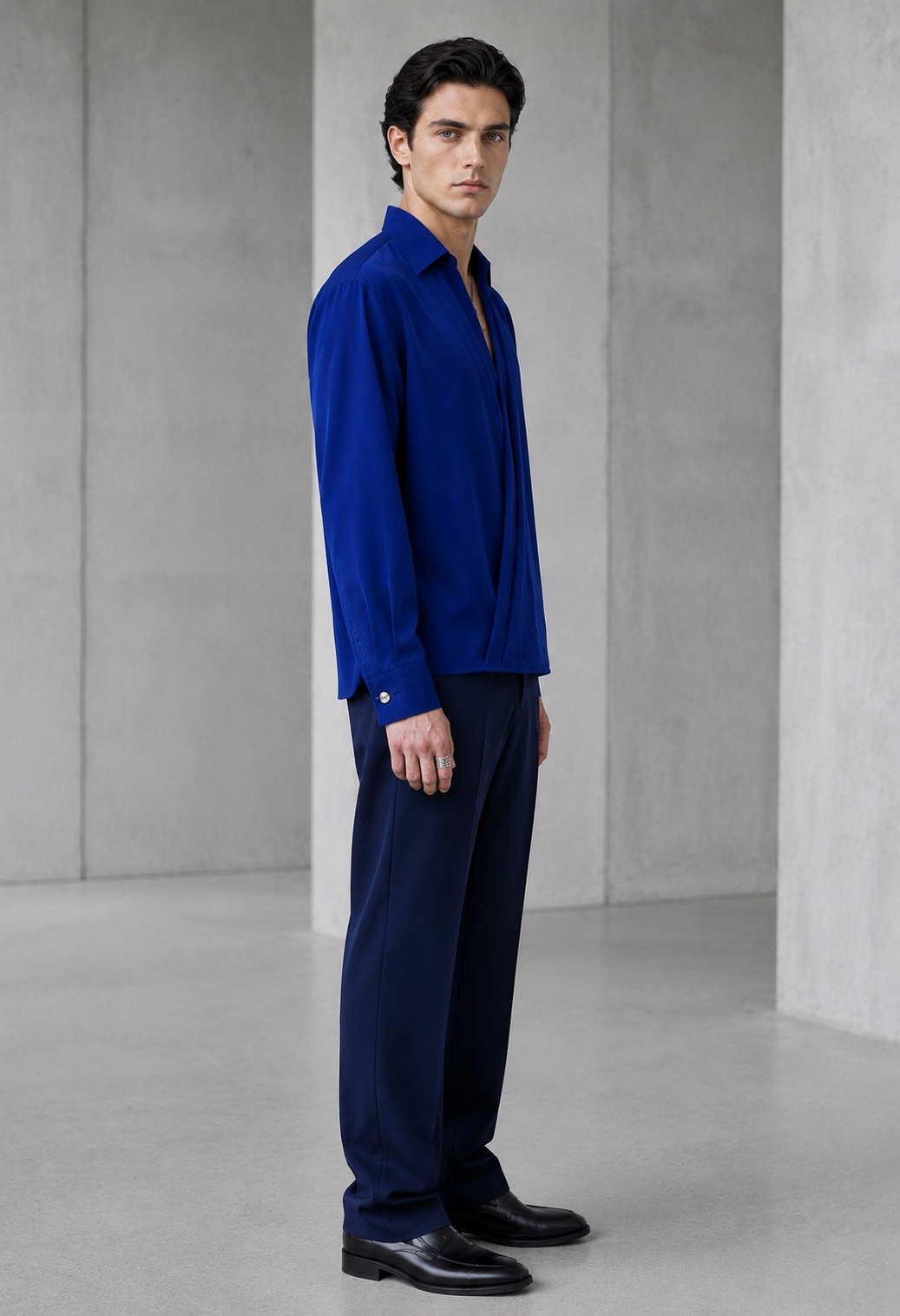 RARE RASU Men's Premium Satin Wrap-Front Shirt – Royal Blue | Luxury Long Sleeve Statement Shirt