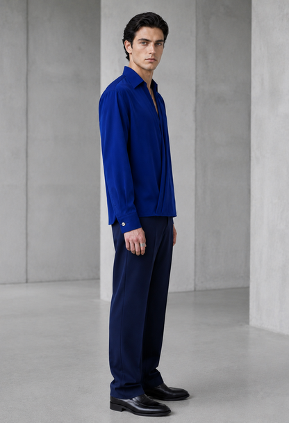 RARE RASU Men's Premium Satin Wrap-Front Shirt – Royal Blue | Luxury Long Sleeve Statement Shirt