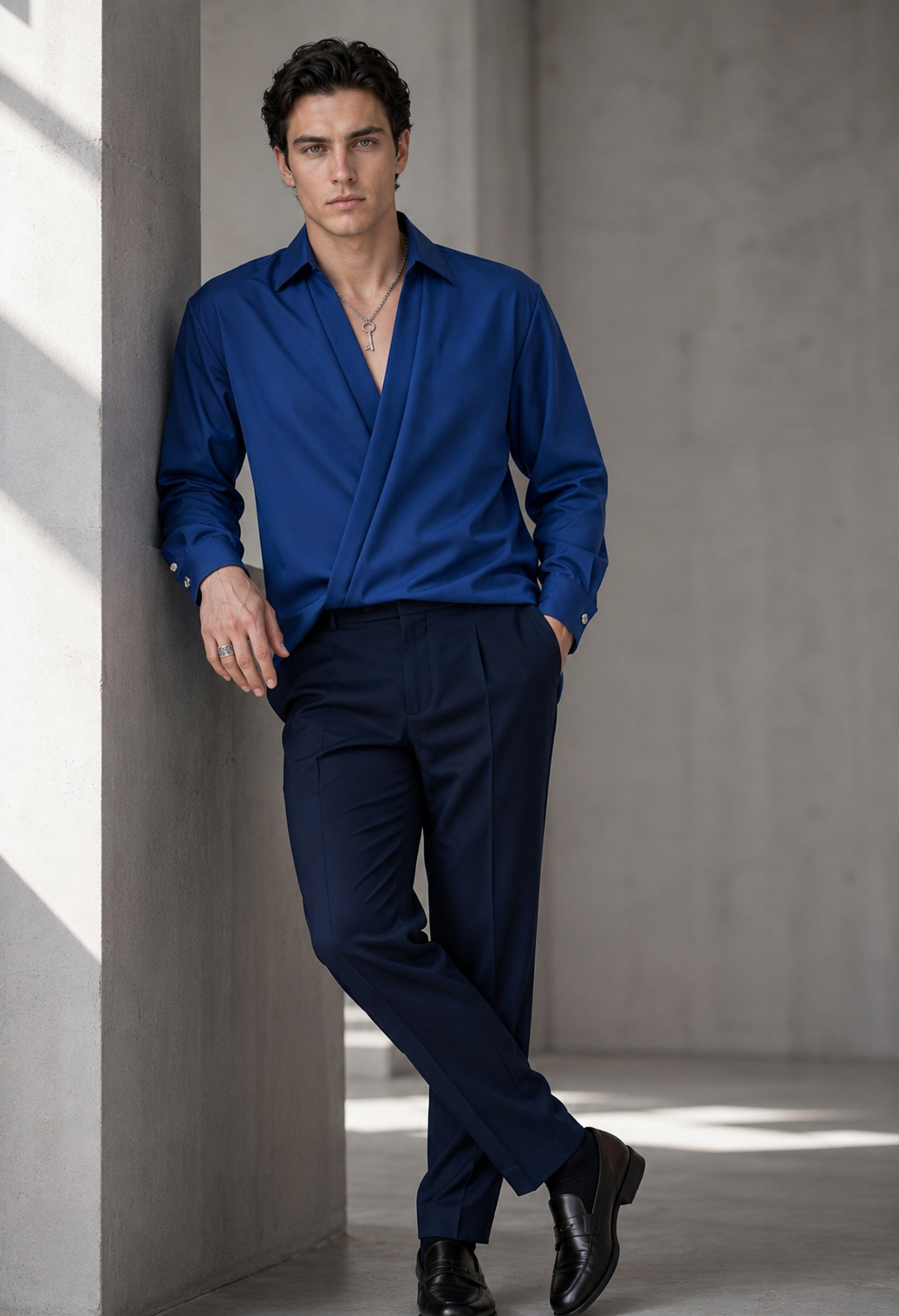 RARE RASU Men's Premium Satin Wrap-Front Shirt – Royal Blue | Luxury Long Sleeve Statement Shirt