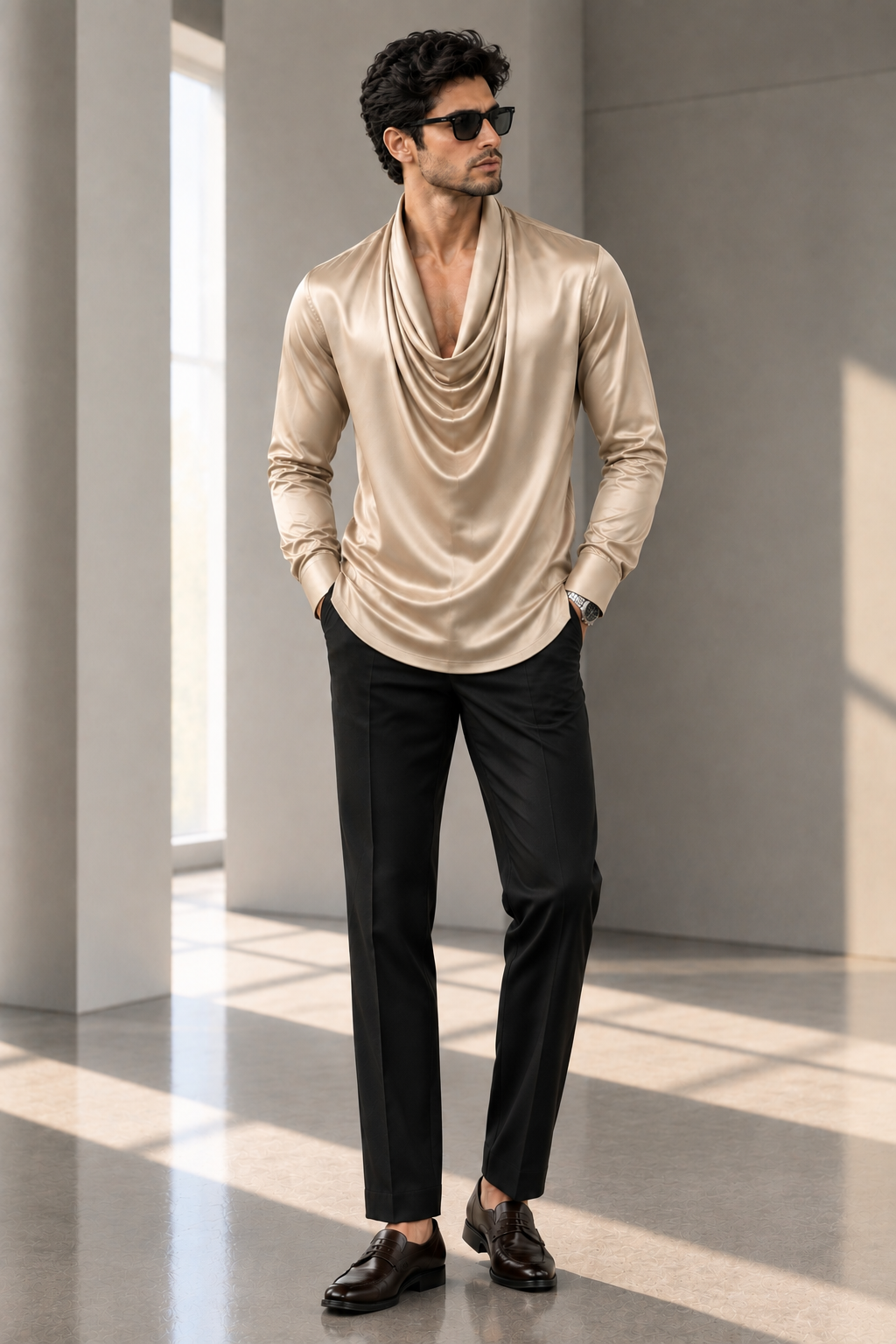 Men’s Premium Black Draped Cowl Neck Shirt | Full Self Designer Sleeve Luxury Shirt