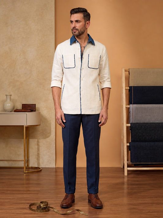 RARE RASU Premium Linen Blend Shirt with Contrast Denim Collar & Utility Pockets – Full Sleeve