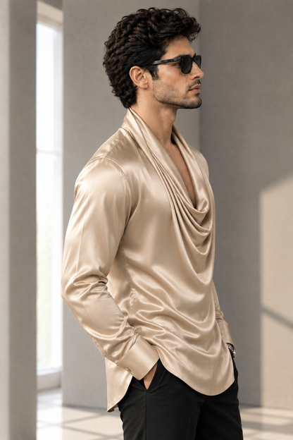 Men’s Premium Black Draped Cowl Neck Shirt | Full Self Designer Sleeve Luxury Shirt