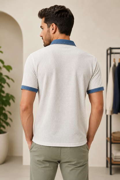 RARE RASU Premium Contrast Denim Trim Waffle Knit Collar T-Shirt