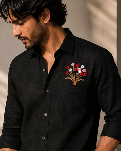 Midnight Bloom – Hand Embroidered Premium Linen Black Shirt
