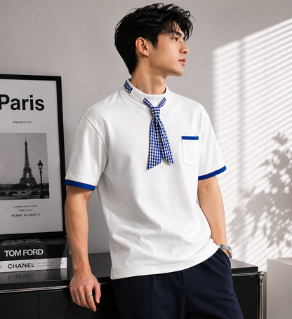 Men's Modern Gingham Necktie & Mock Neck Short-Sleeve T-shirt | Unique Style Designer T-shirt