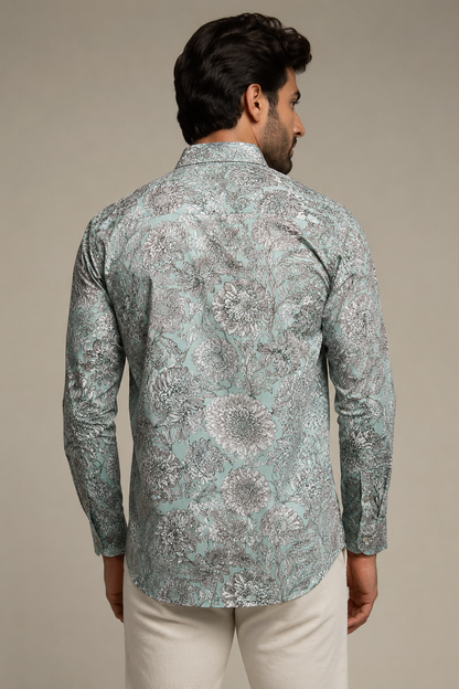 RARE RASU Men’s Premium Floral Botanical  Print Shirt – Pastel Sage Green Full Sleeve Casual Shirt