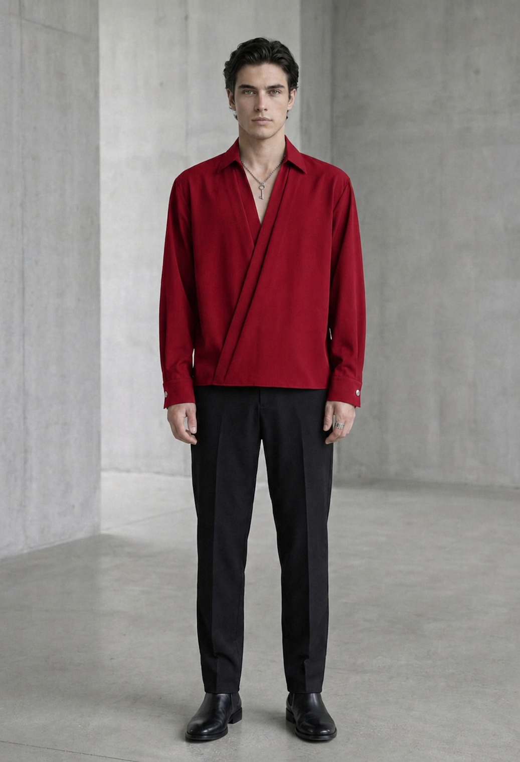 RARE RASU Men's Premium Satin Wrap-Front Shirt – Wine Red | Luxury Long Sleeve Statement Shirt