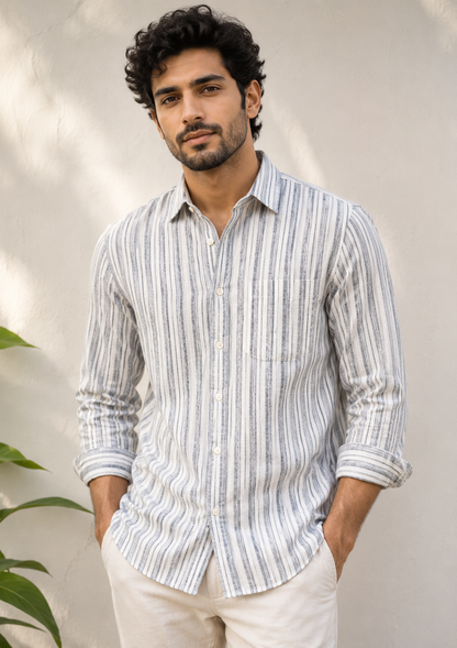 RARE RASU Classic Striped Breathable Full Sleeve Premium Linen Blend Casual Shirt