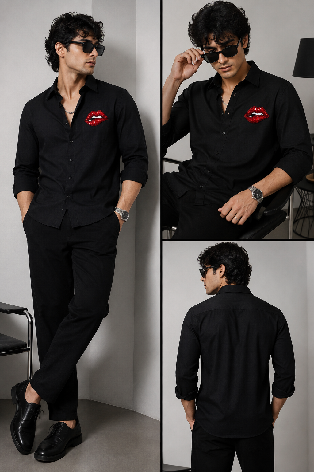 RARE RASU Men's Black Stylish Full Sleeve Shirt, Red Lips Embellishment Hand Embroidery work|Party wear Shirt