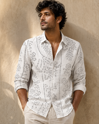 Men's Artisan Printed Premium Linen blend Long-Sleeve Casual Shirt