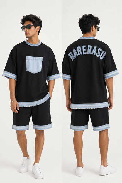 RARE RASU – Denim Edge Co-Ord Set | Premium Cotton & Denim Twin Set (Black)