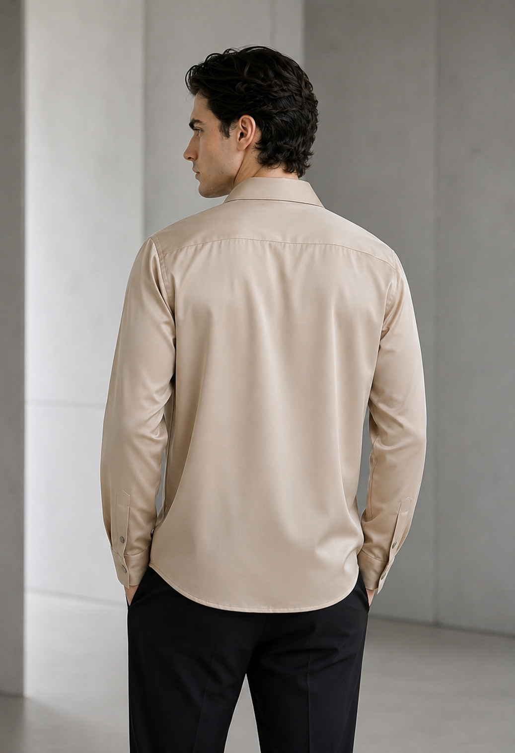 RARE RASU Men's Premium Satin Wrap-Front Shirt – Champagne Beige | Luxury Long Sleeve Statement Shirt