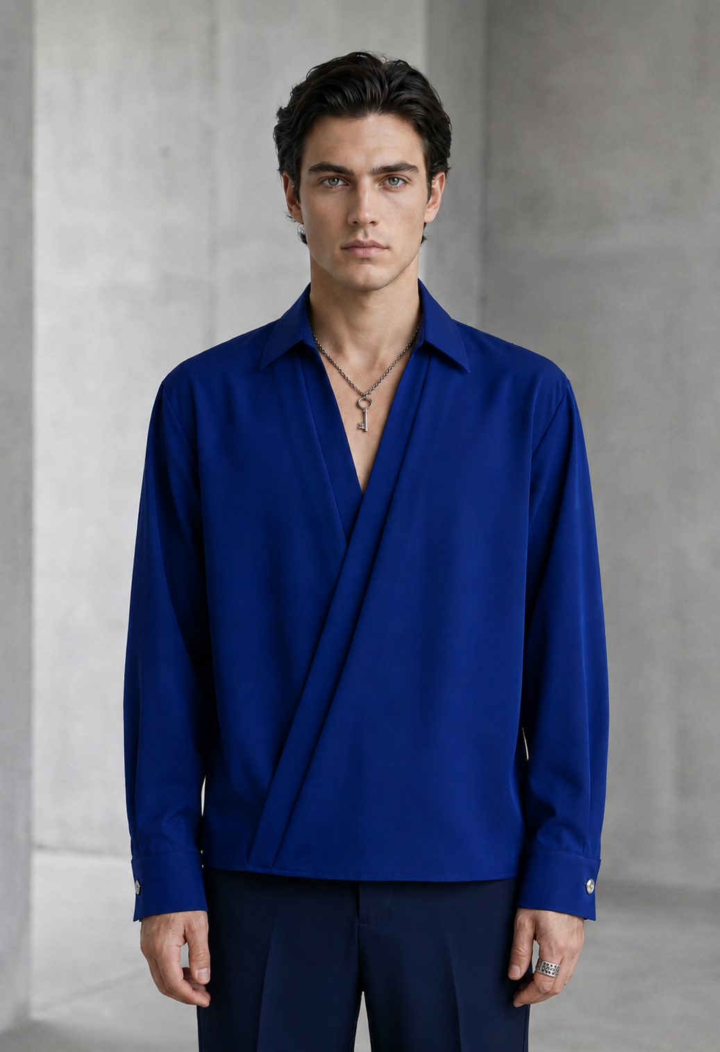 RARE RASU Men's Premium Satin Wrap-Front Shirt – Royal Blue | Luxury Long Sleeve Statement Shirt