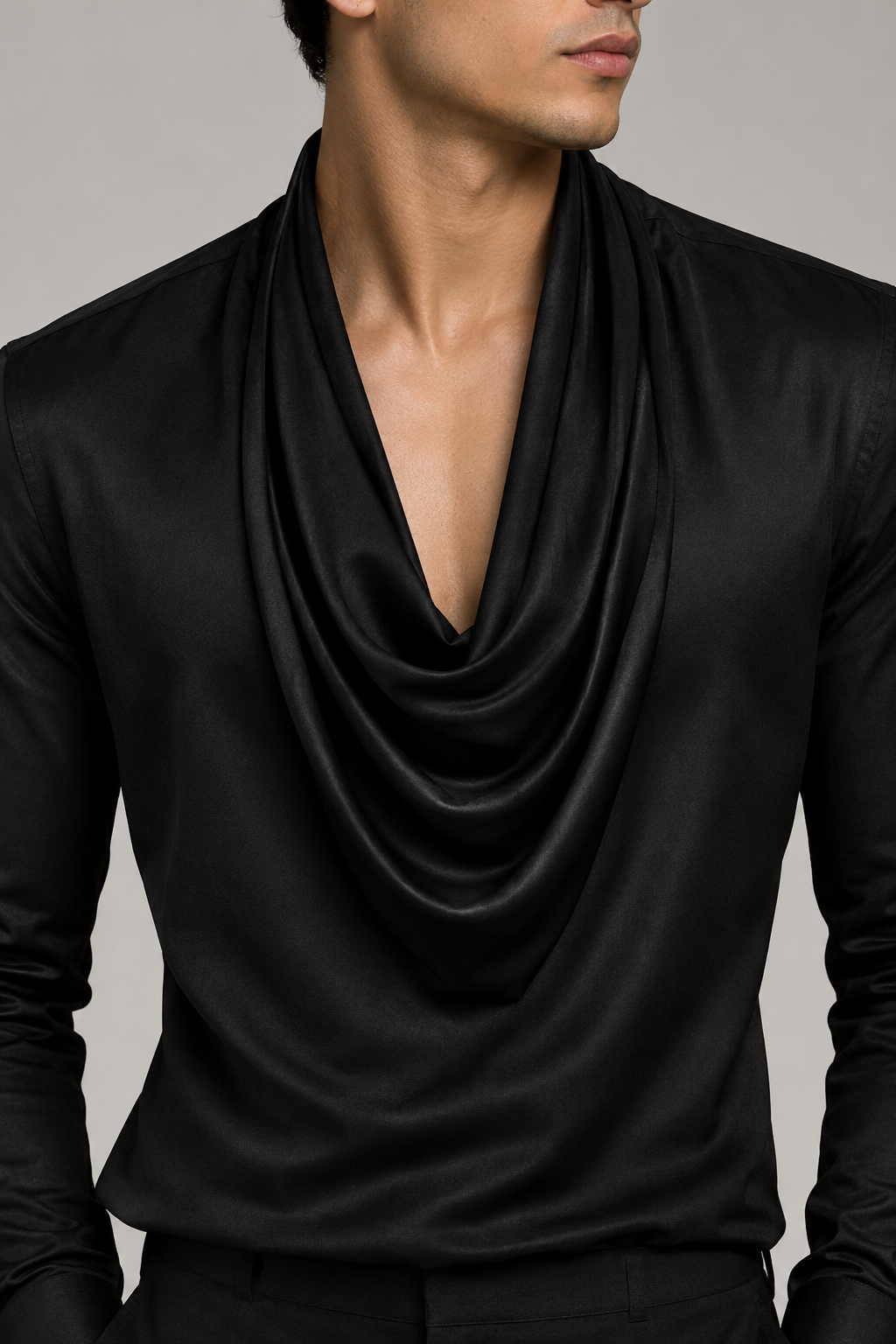 Men’s Premium Black Draped Cowl Neck Shirt | Full Self Designer Sleeve Luxury Shirt