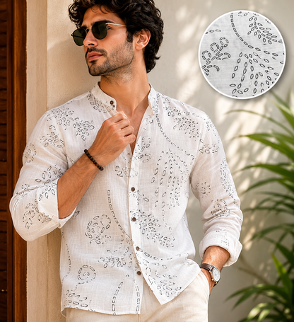 Men's Artisan Printed Premium Linen blend Long-Sleeve Casual Shirt
