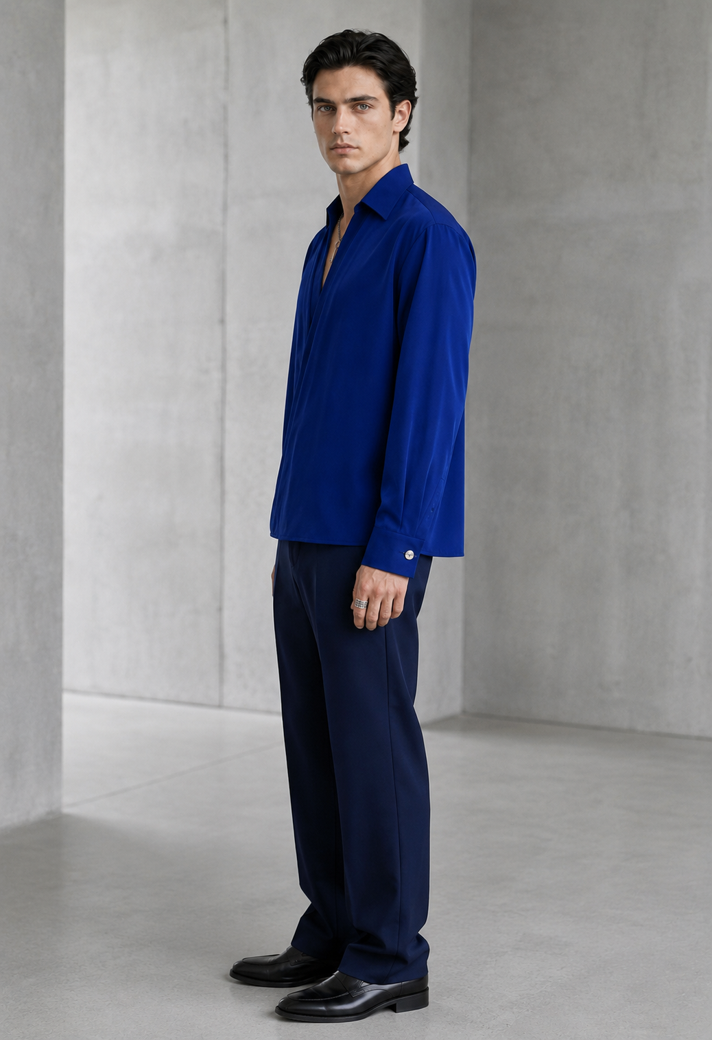 RARE RASU Men's Premium Satin Wrap-Front Shirt – Royal Blue | Luxury Long Sleeve Statement Shirt