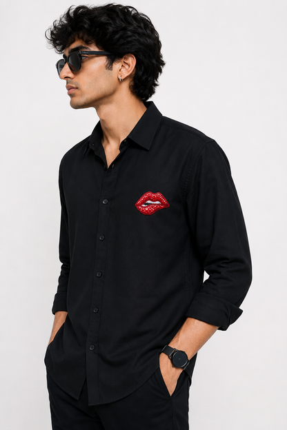 RARE RASU Men's Black Stylish Full Sleeve Shirt, Red Lips Embellishment Hand Embroidery work|Party wear Shirt